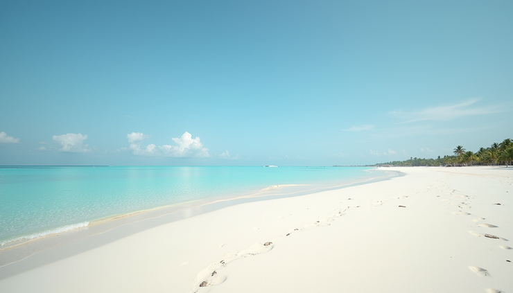 Vista panoramica di una spiaggia deserta con sabbia bianca e mare calmo alle Maldive