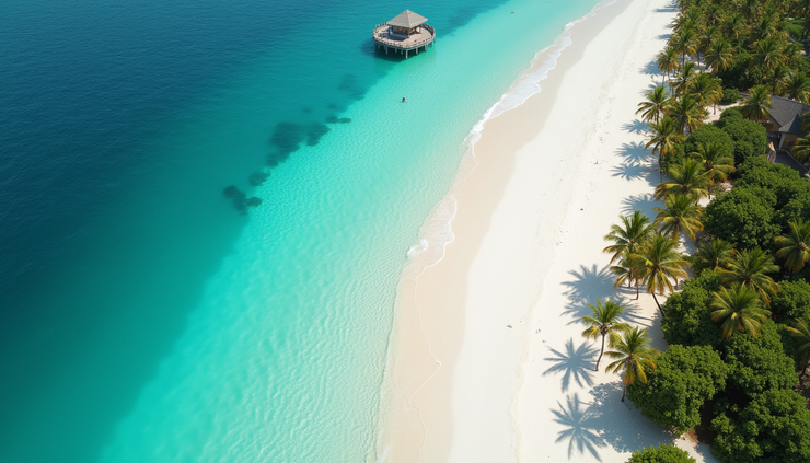 Vista aerea di una spiaggia bianca con palme e acque turchesi alle Maldive