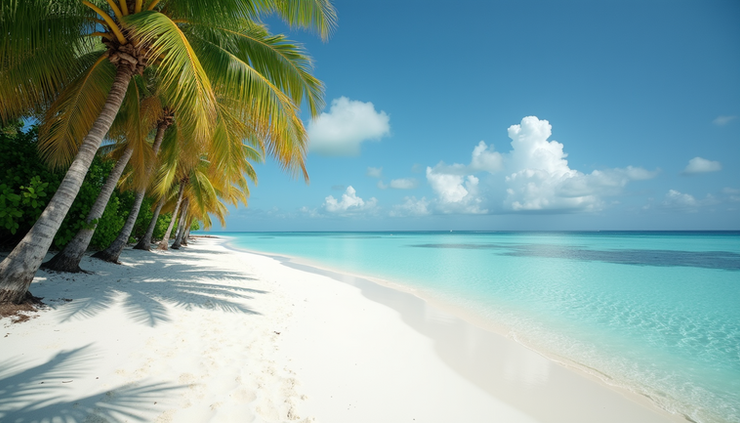 Vista panoramica di una spiaggia bianca con palme e mare calmo alle Maldive