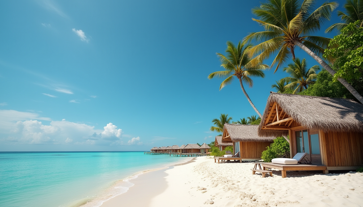 Vue rapprochée d’une plage préservée avec des cabanes en bois naturel
