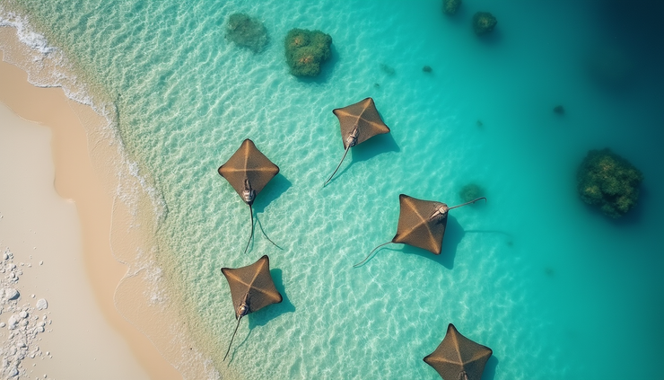 Vista aérea de una laguna de arena con rayas visibles bajo el agua clara