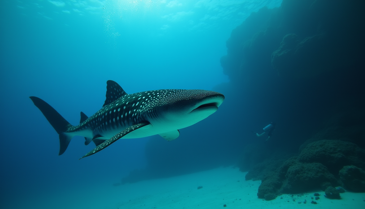 Vue sous-marine d’un requin-baleine nageant paisiblement près d’un plongeur aux Maldives