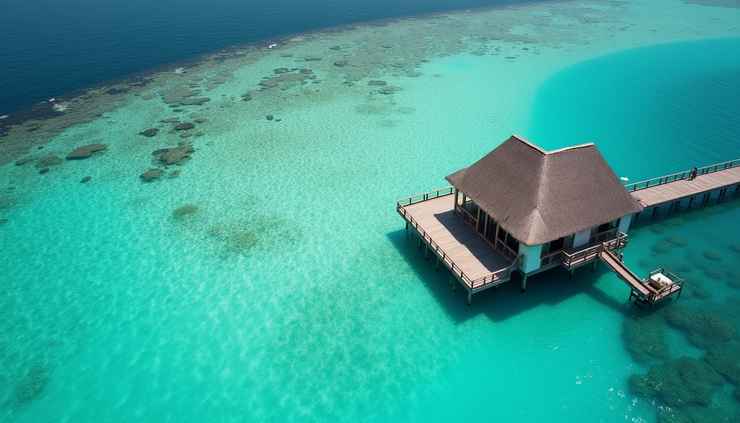 Vue aérienne d’un bungalow sur pilotis entouré d’eaux cristallines aux Maldives
