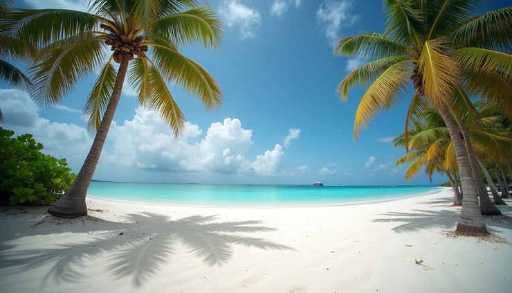 Vista a livello occhi di una spiaggia deserta con sabbia bianca e palme alle Maldive
