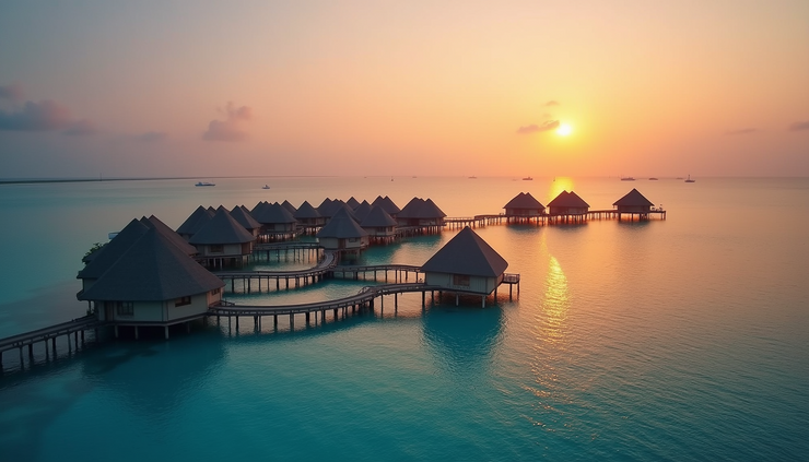 Vista aérea de bungalows sobre el agua en Maldivas al atardecer