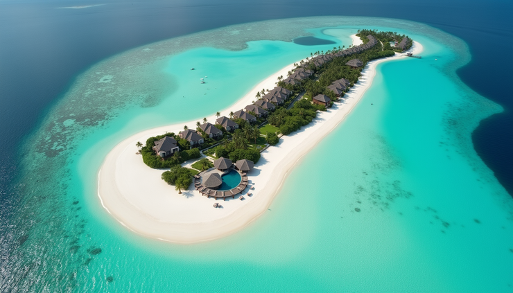 منظر جوي لمنتجع فاخر على شاطئ المالديف مع مياه صافية