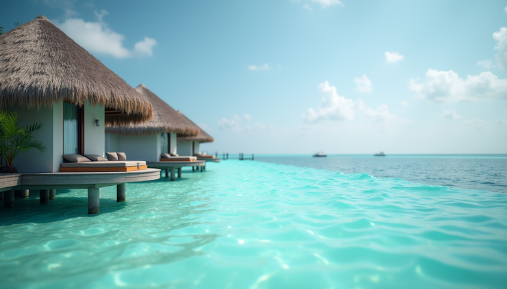 Vue rapprochée d’un bungalow sur pilotis avec vue sur l’océan calme