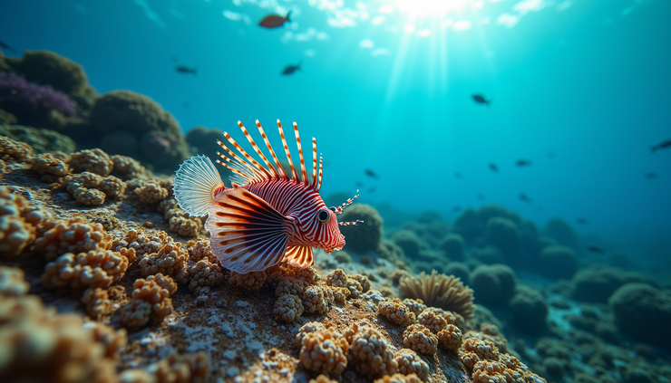 منظر واسع لشعاب مرجانية متضررة مع وجود سمكة الأسد في مقدمة الصورة