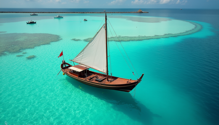 High angle view of a traditional Maldivian dhoni boat anchored near a coral reef