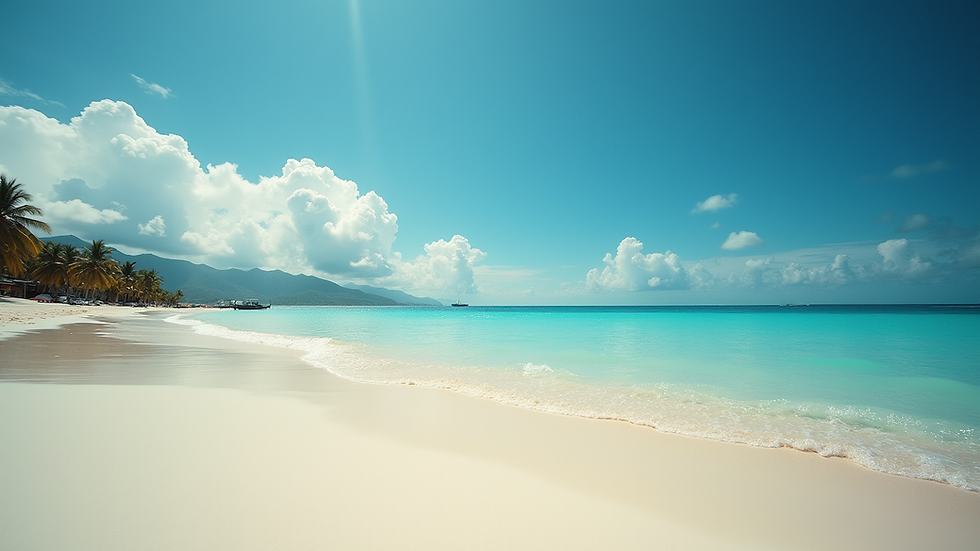 Eye-level view of a tropical island beach with clear skies and a few clouds