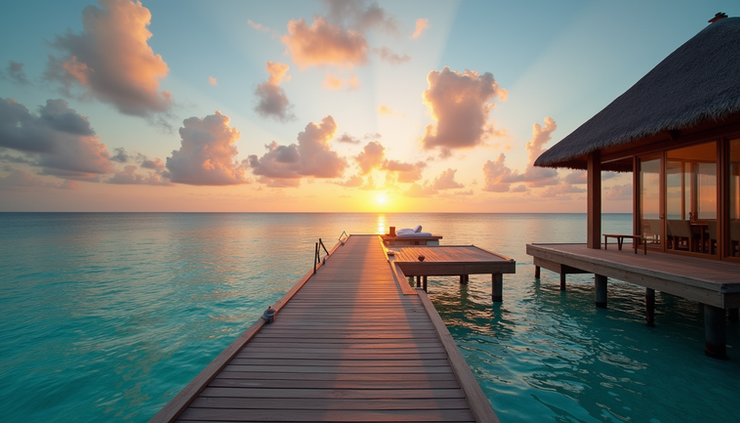 Vista a nivel de ojo de una villa sobre el agua con diseño natural y vista al océano al atardecer