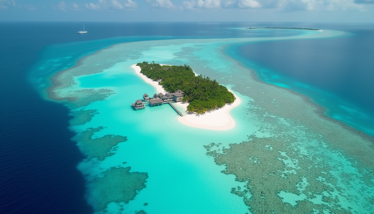 Vista aérea del Atolón Baa mostrando aguas turquesas y arrecifes coralinos