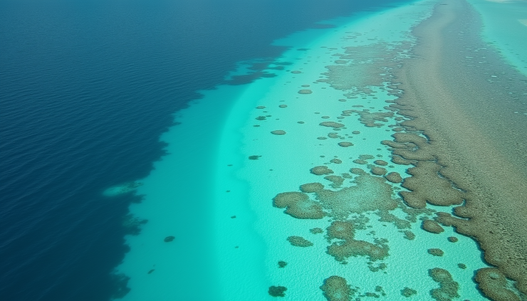 Vista aerea di una laguna turchese con barriera corallina lontana dalla spiaggia