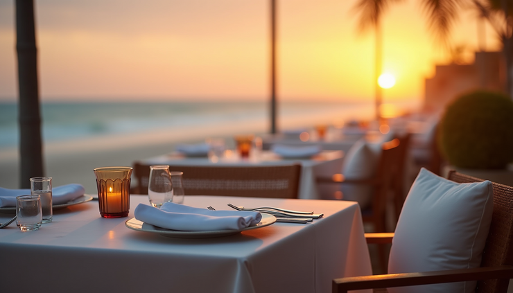 High angle view of a beachside restaurant table set for dinner with ocean view