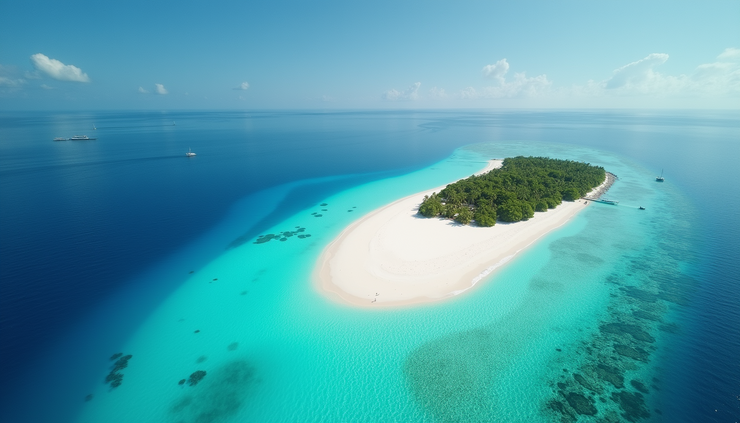 منظر جوي لجزيرة في المالديف مع مياه زرقاء صافية وشواطئ بيضاء
