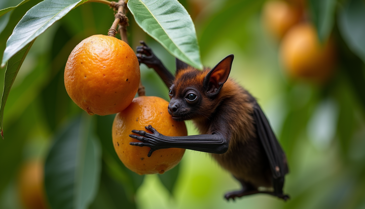 Vista cercana de un murciélago frugívoro alimentándose de frutas en un árbol tropical