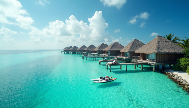 High angle view of a luxury surf resort with overwater villas in the Maldives