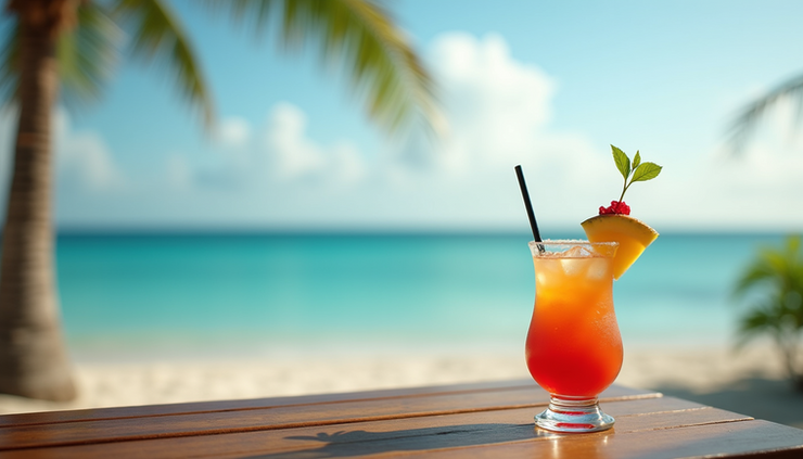 Vue rapprochée d’un verre de cocktail tropical sur une table en bois au bord de la plage