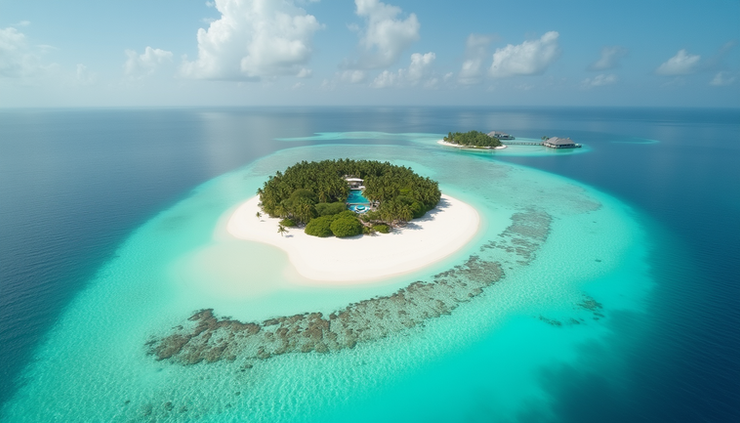 Luftaufnahme einer exklusiven Privatinsel auf den Malediven mit türkisblauem Wasser und weißen Sandstränden