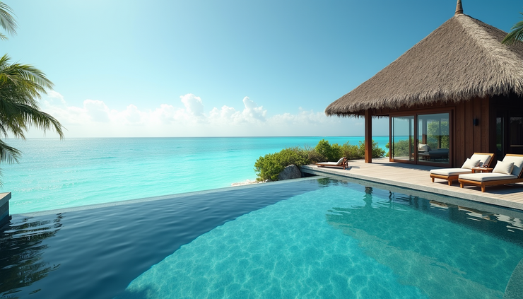 High angle view of a luxury Maldives resort pool overlooking the ocean