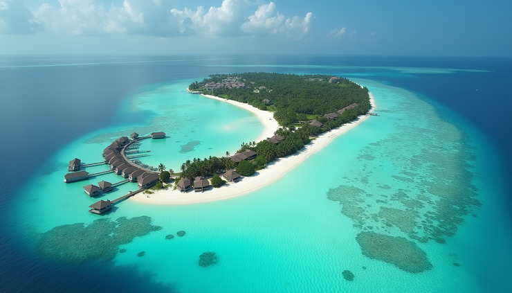 Vista aérea de una isla tranquila en Maldivas con aguas turquesas y bungalows sobre el agua