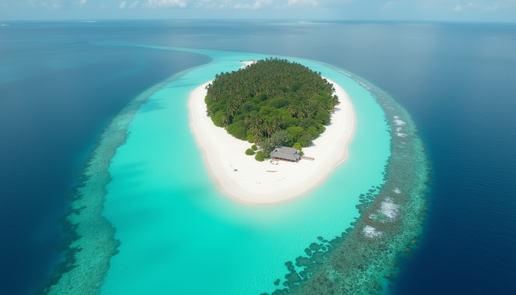 منظر جوي لجزيرة في المالديف مع مياه فيروزية صافية وشواطئ بيضاء