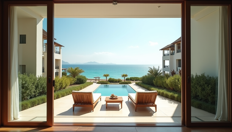 Vista panorámica desde un balcón privado en un resort solo para adultos, con vista al mar y jardines cuidados