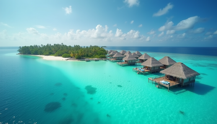 Vista aérea de una isla en Maldivas con aguas cristalinas y bungalows sobre el mar