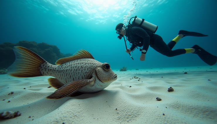 Eye-level view of a diver observing a triggerfish guarding its nest on a sandy reef patch