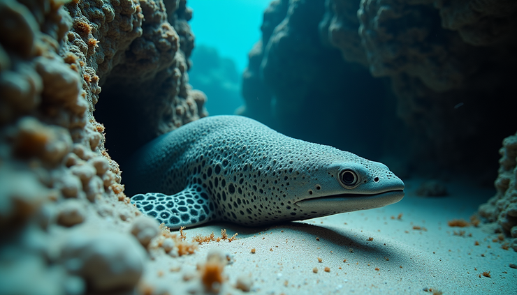 Vista subacquea laterale di una murena gigante che emerge da una crepa rocciosa nelle Maldive