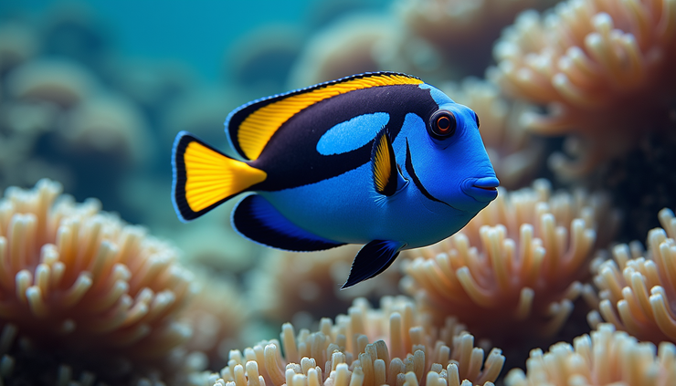 منظر قريب لسمكة جراح ملونة تسبح بين الشعاب المرجانية في ممر بحري قوي