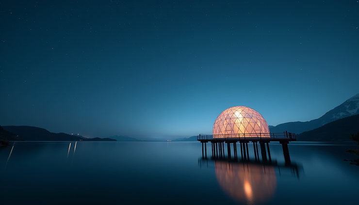 Weitwinkelaufnahme eines Bubble Tents auf Stelzen über dem Wasser bei Nacht mit Sternenhimmel