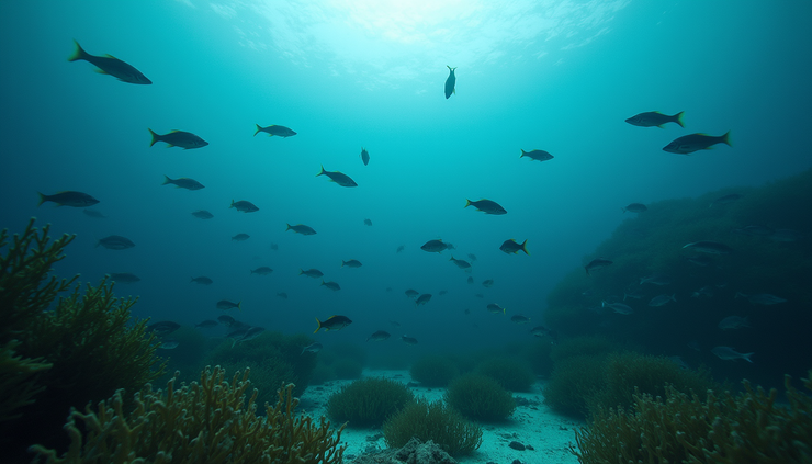 Vista panoramica subacquea di un gruppo di pesci chirurgo nei pass maldiviani