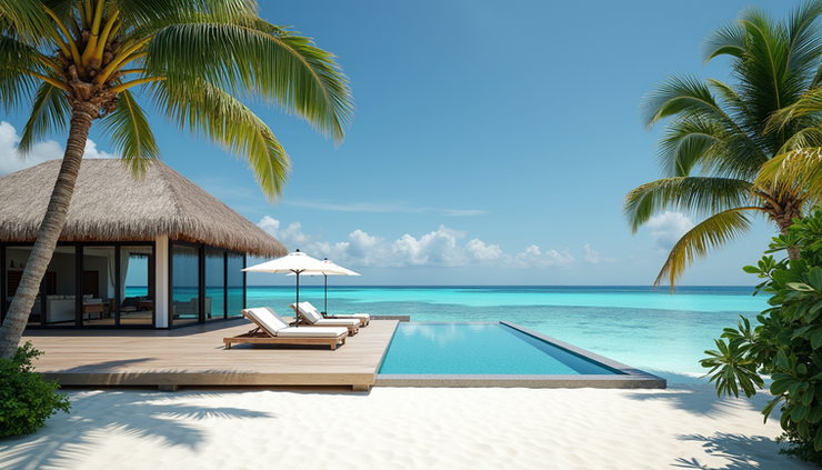 Vista desde la playa de una villa privada con piscina y palmeras en isla de Maldivas