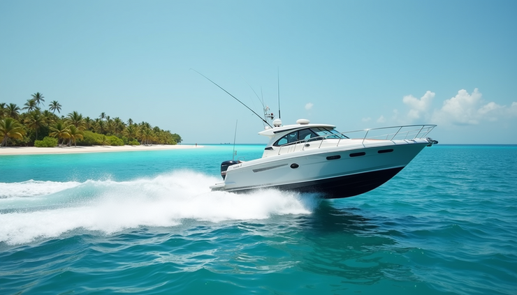 Seitliche Nahaufnahme eines Schnellbootes auf dem Meer mit Blick auf die Küste einer Malediveninsel