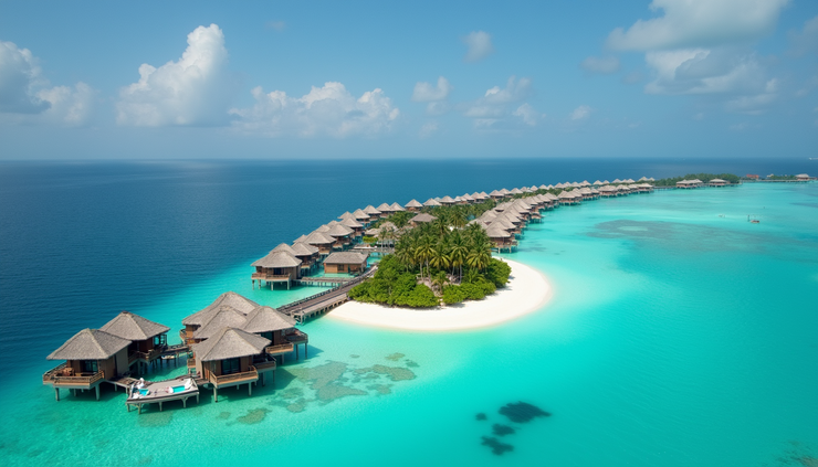 منظر جوي لمنتجع فاخر في المالديف مع فيلات فوق الماء