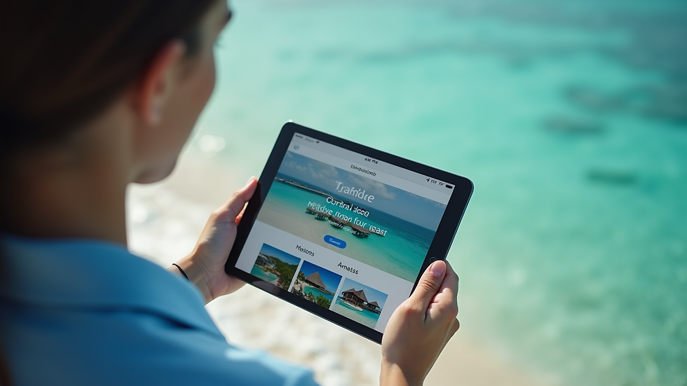 High angle view of a travel consultant showing Maldives resort options on a tablet
