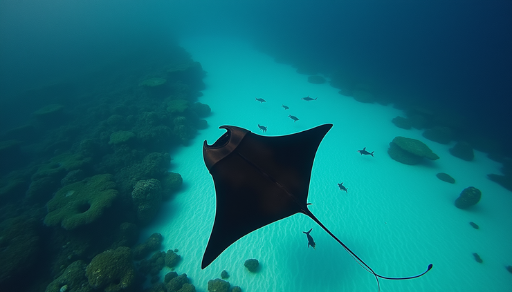 Vista aérea de una mantarraya oceánica nadando cerca de un arrecife en Maldivas