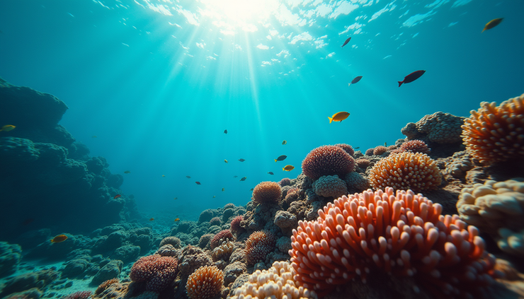 Eye-level view of colorful coral reef with diverse marine life in Maldives
