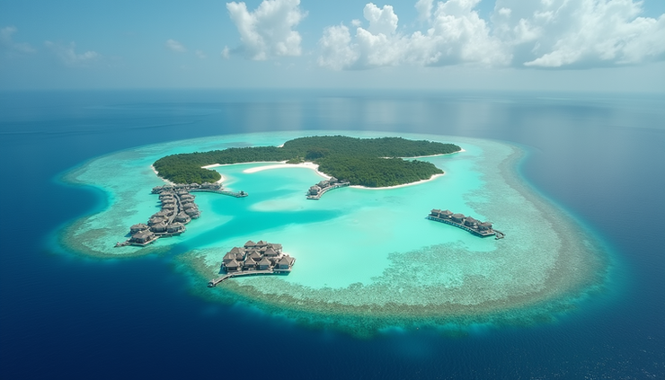 Vista aerea di un atollo delle Maldive con acque turchesi e resort isolati