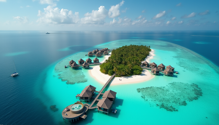 Vista aerea di una spiaggia delle Maldive con bungalow sull’acqua