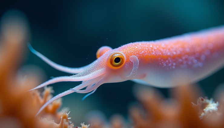 Nahaufnahme eines Riffkalmars, der seine Farbe wechselt
