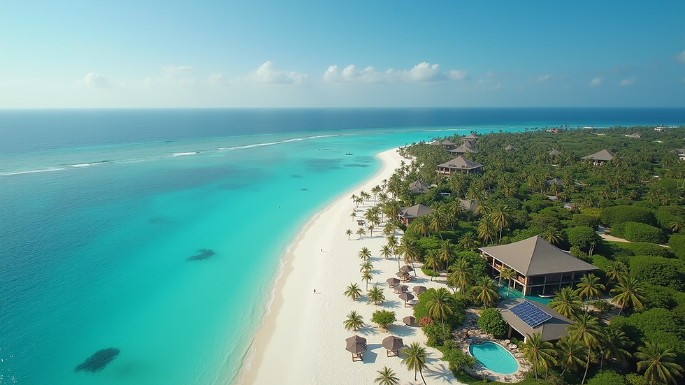 Vista aerea di un resort eco-sostenibile alle Maldive con pannelli solari