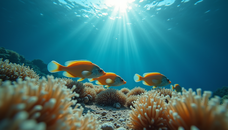 Vista a nivel de ojo de un grupo de peces limpiadores en una estación de limpieza en arrecife de coral
