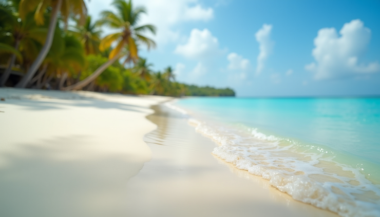Nahaufnahme eines ruhigen Strandes auf den Malediven mit sanften Wellen und Palmen im Hintergrund