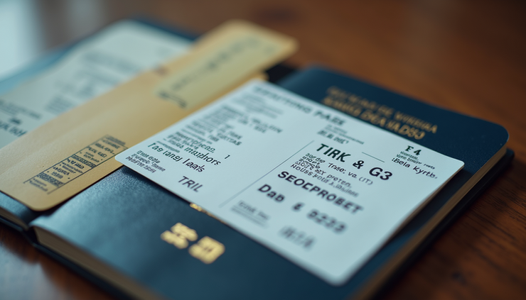 Vista cercana de un pasaporte abierto junto a un billete de avión y una tarjeta de embarque