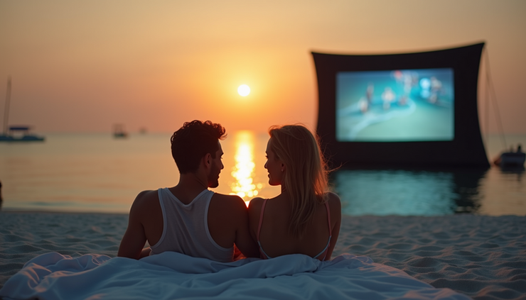 Vue rapprochée d’un couple profitant d’un cinéma en plein air sur la plage aux Maldives