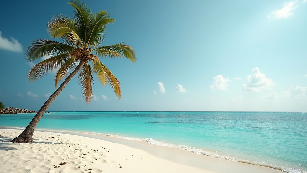 Spiaggia bianca vista a livello occhi con palme e mare turchese alle Maldive