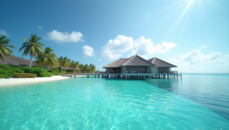 Eye-level view of a luxury overwater villa with turquoise lagoon in the Maldives