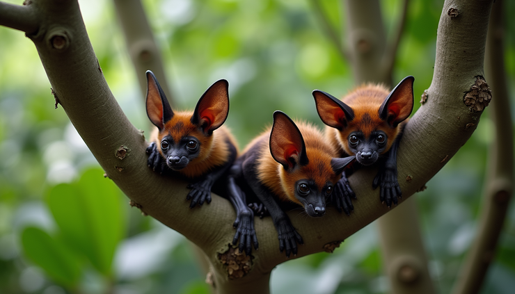 Weitwinkelaufnahme einer Gruppe von Flughunden, die in einem Baum auf einer bewohnten Insel ruhen